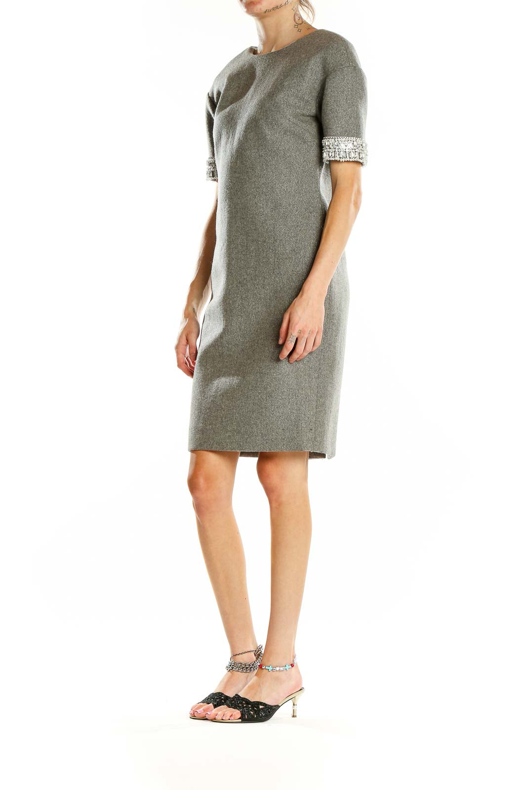 Front view of J.Crew Collection gray wool sheath dress with embellished sleeves