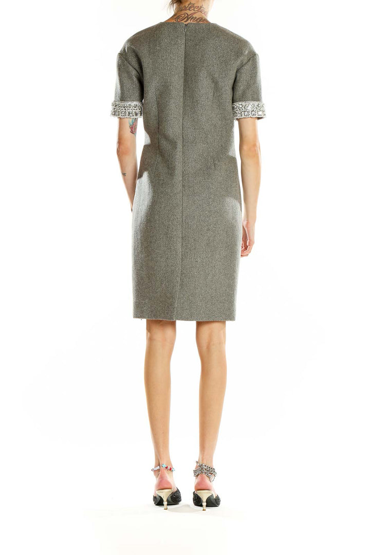 Back view of J.Crew Collection gray wool sheath dress showing clean lines and fit