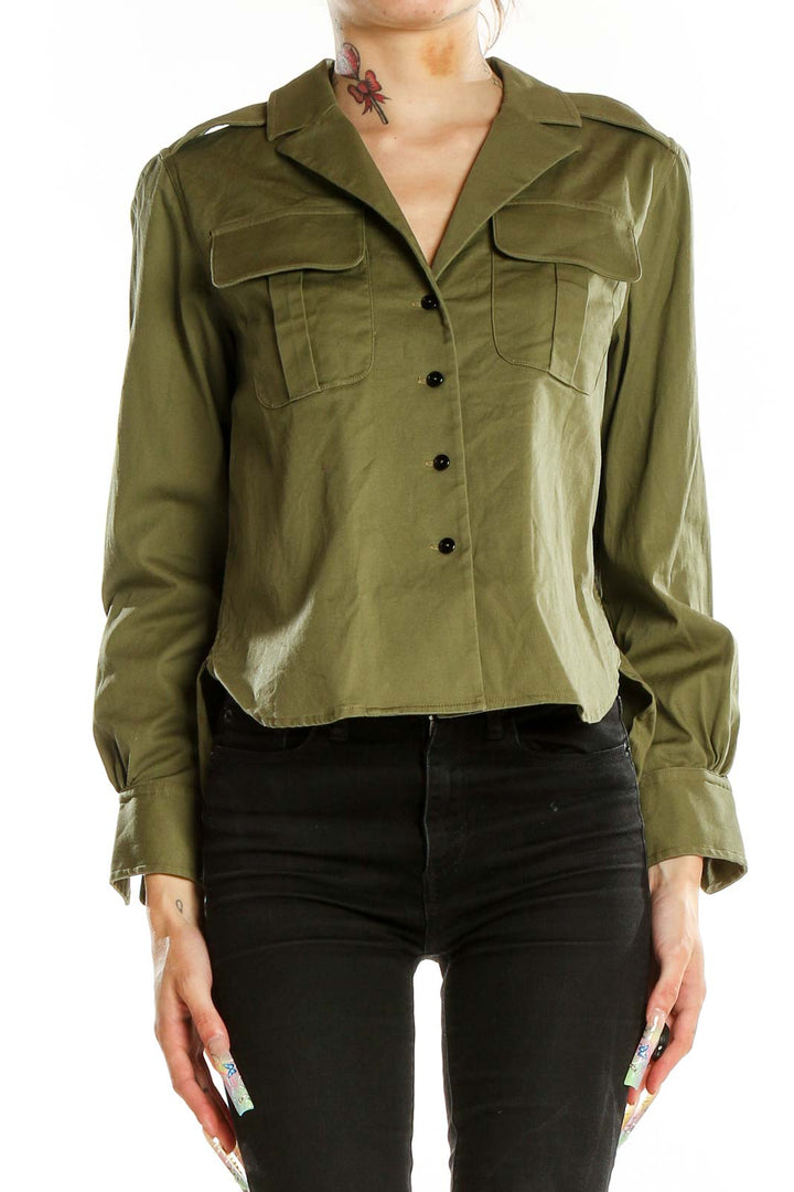 Front view of esons olive military-inspired button-up blouse with chest pockets