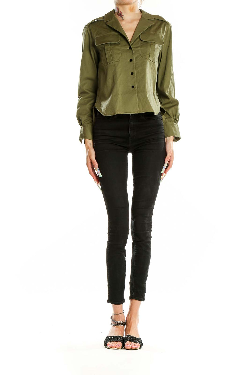 Front view of esons olive military-inspired button-up blouse with chest pockets