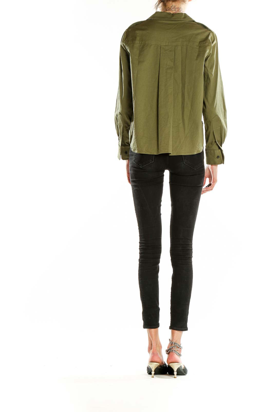 Back view of esons olive military-inspired button-up blouse showing relaxed fit