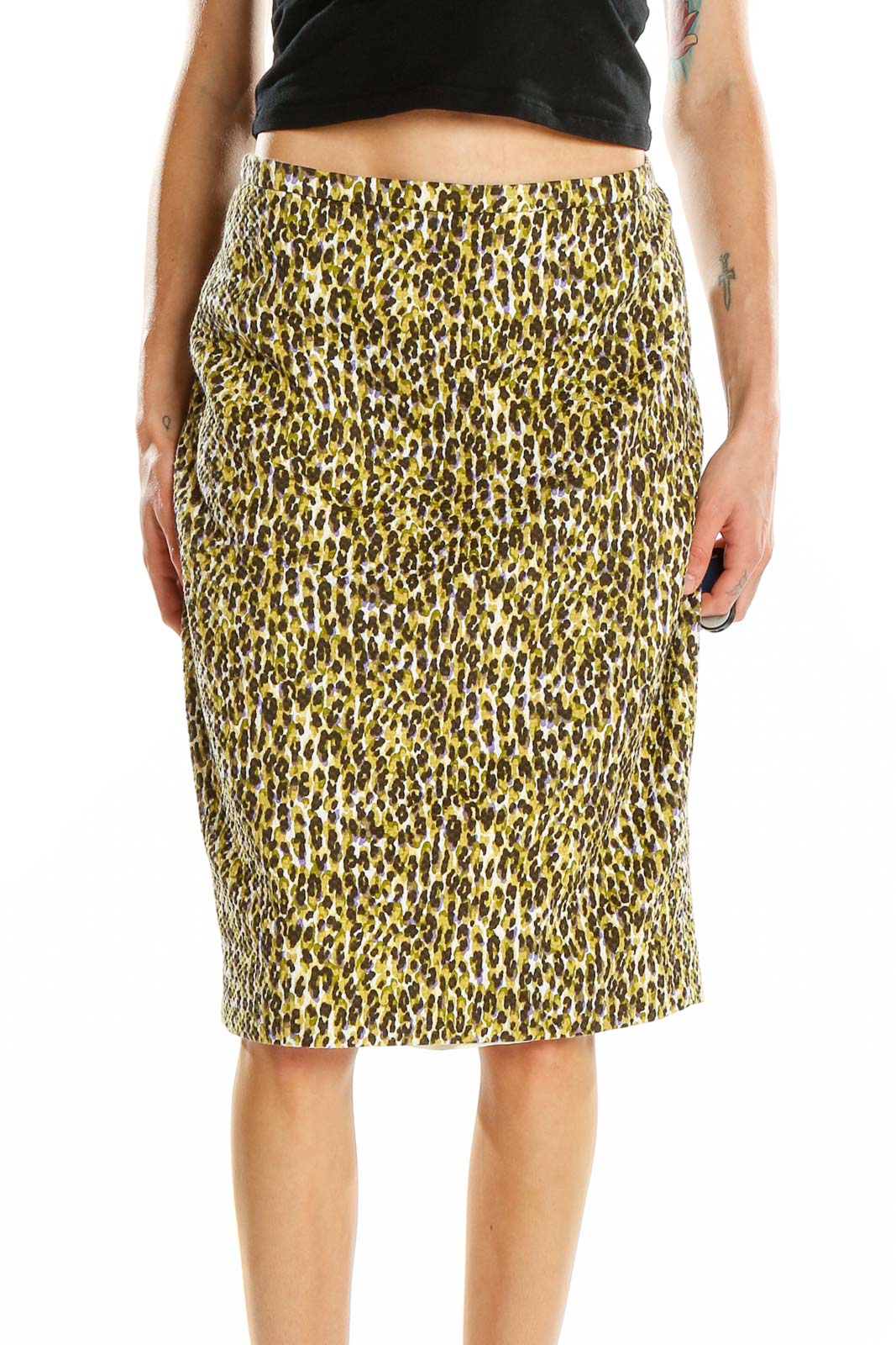 Front view of J.Crew yellow leopard print pencil skirt