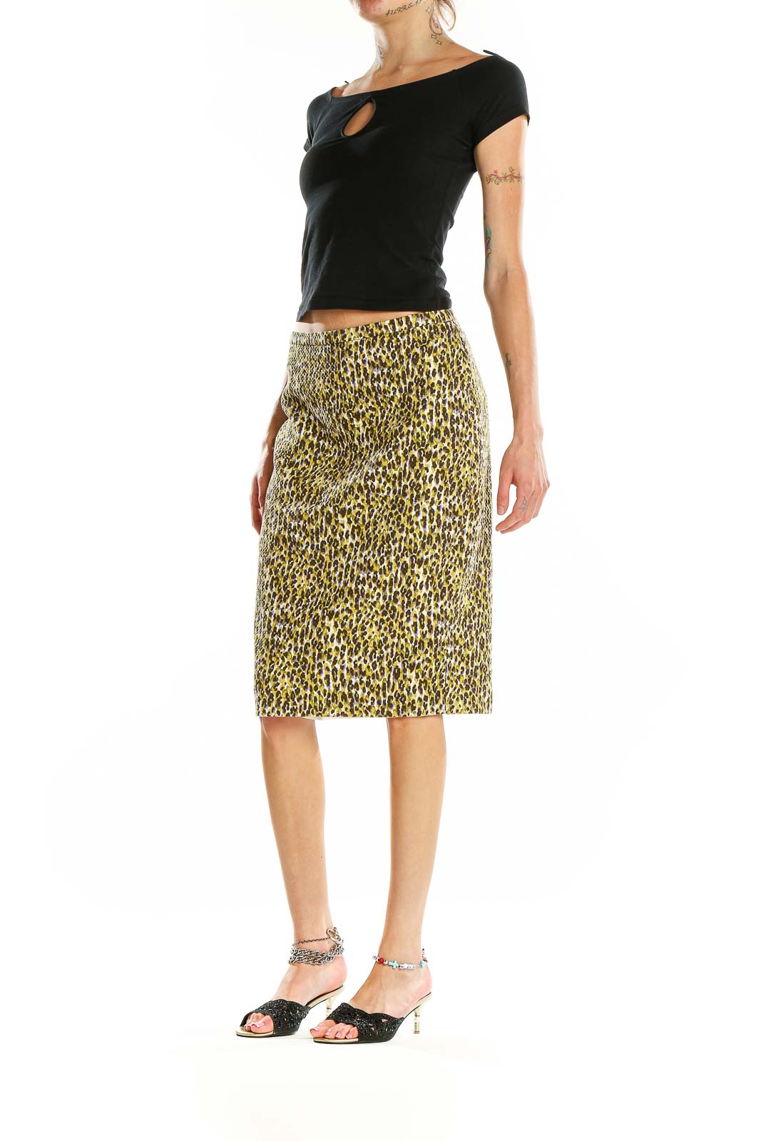 Front view of J.Crew yellow leopard print pencil skirt