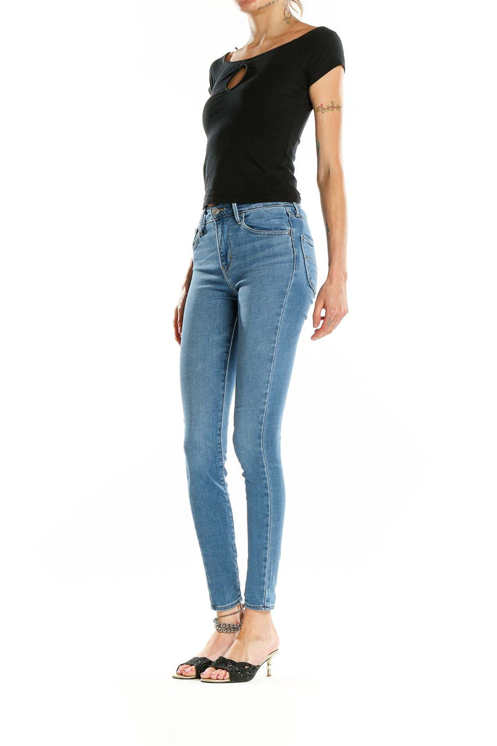 Front view of Levi's light blue high-waisted skinny jeans