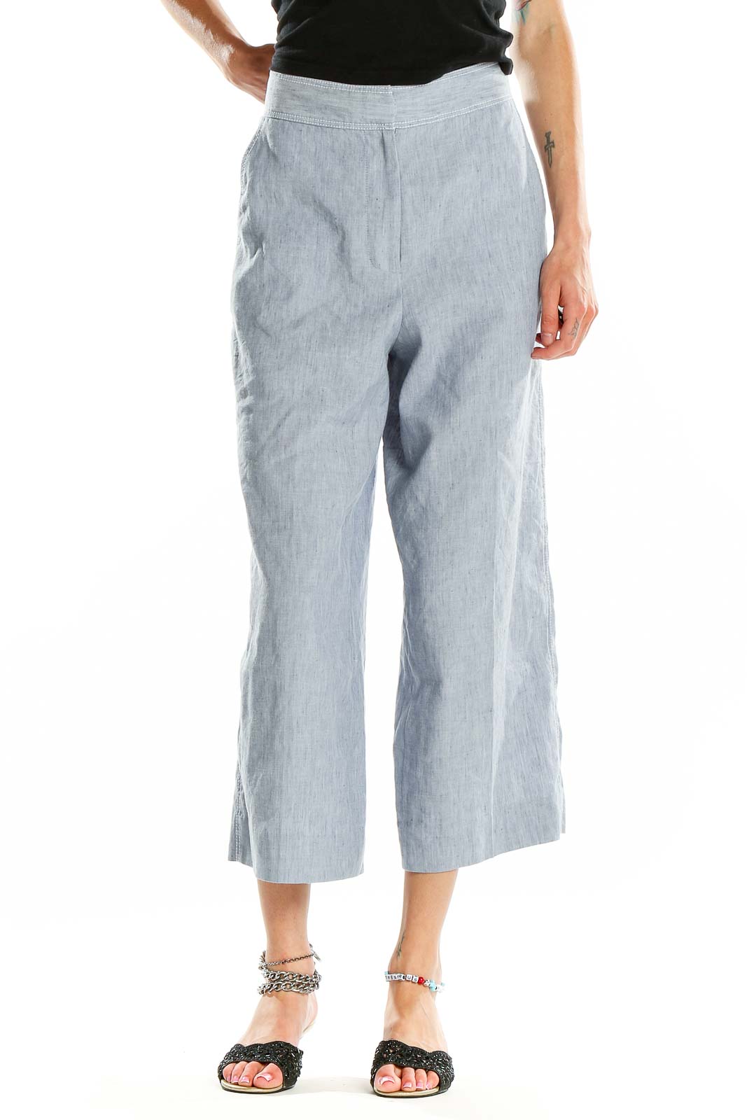 Front view of Halogen light blue linen blend cropped wide-leg pants