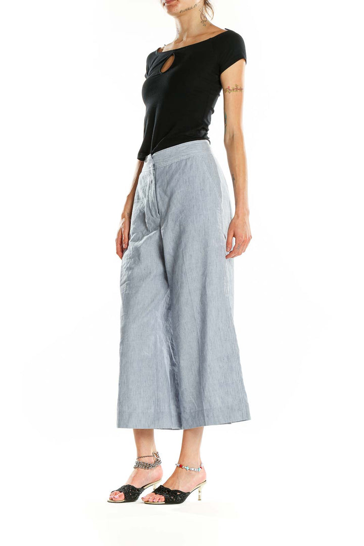 Front view of Halogen light blue linen blend cropped wide-leg pants