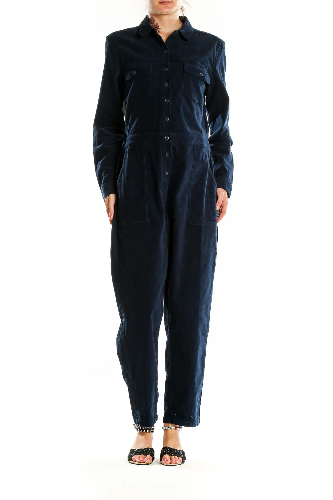 Navy Corduroy Long Sleeve Jumpsuit