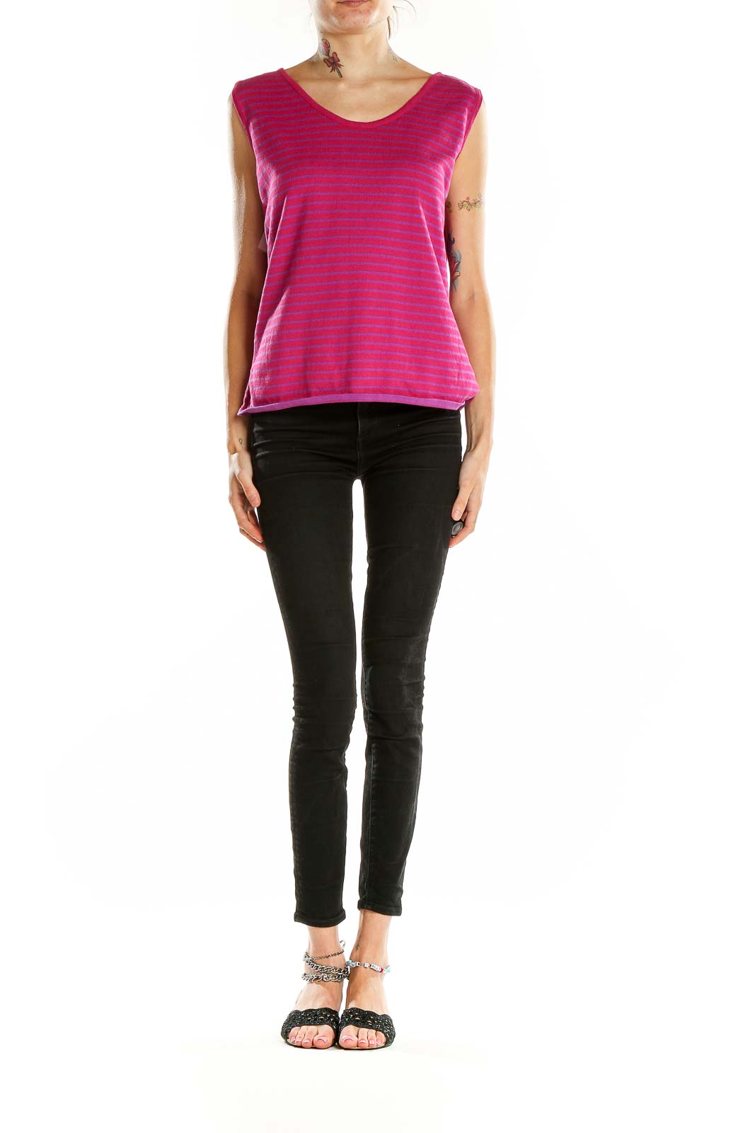 Front view of AMI AMALIA pink striped organic cotton sleeveless top