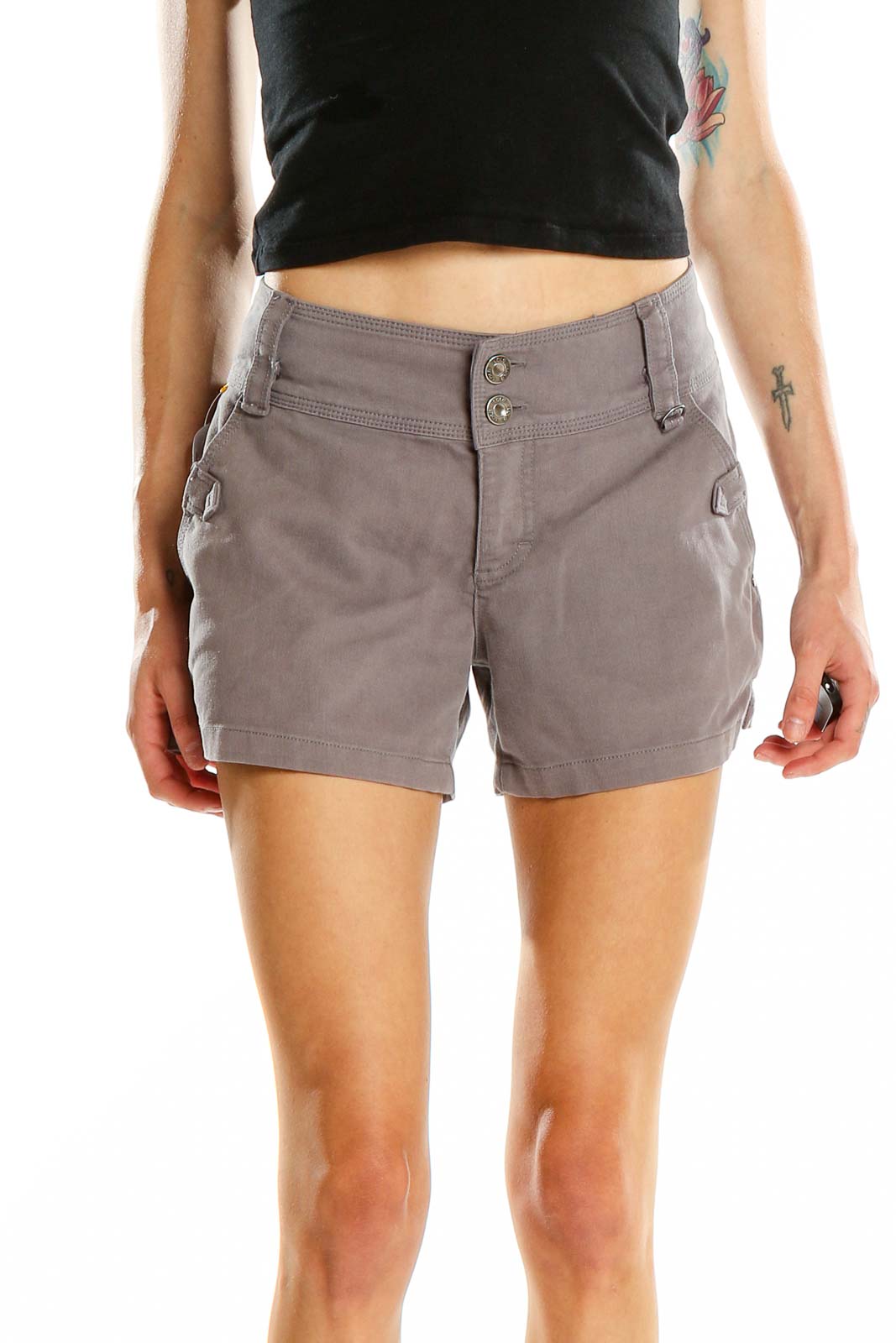 Front view of gray LOLE cotton blend shorts with double-button waist