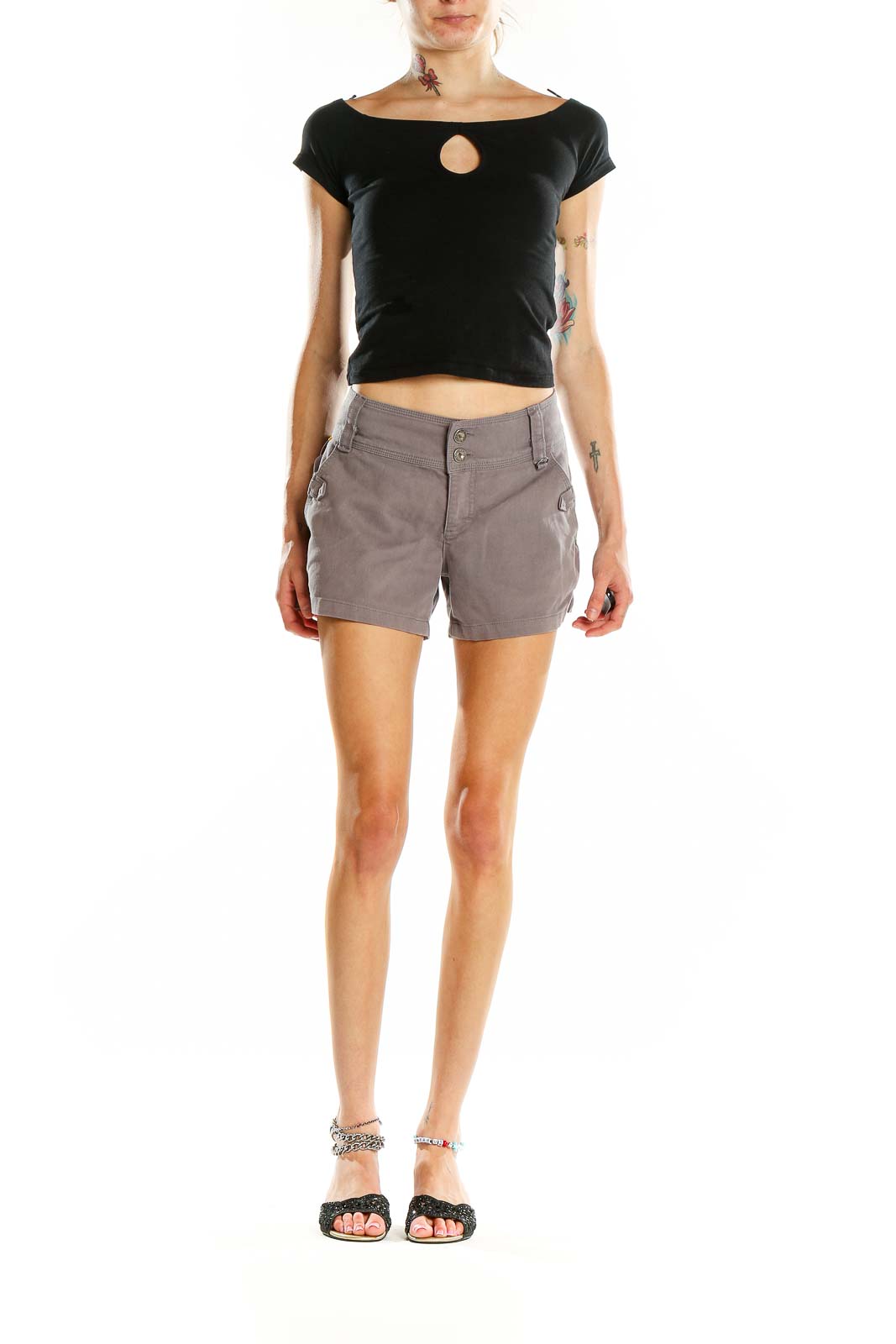 Front view of gray LOLE cotton blend shorts with double-button waist