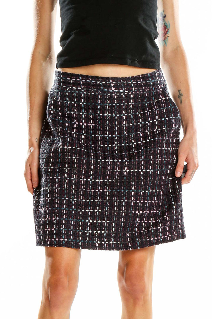 Front view of LOFT Navy Plaid Tweed A-Line Skirt