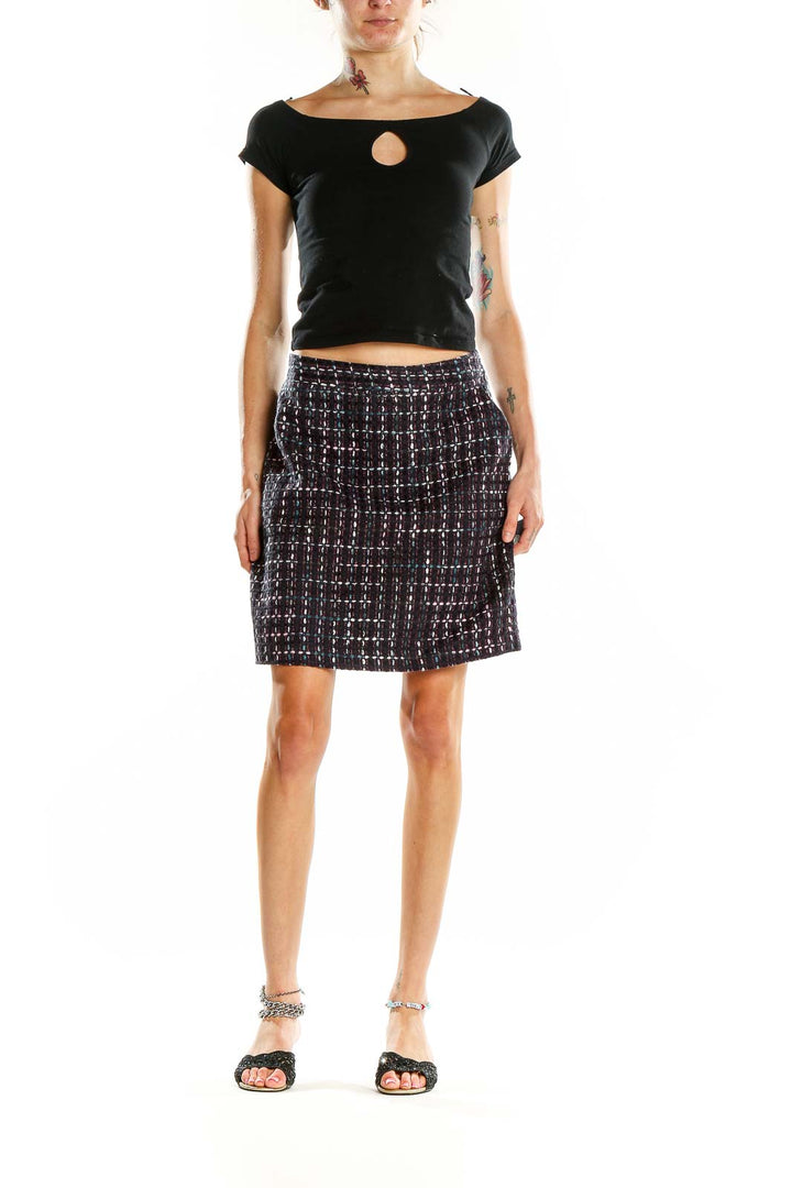 Front view of LOFT Navy Plaid Tweed A-Line Skirt