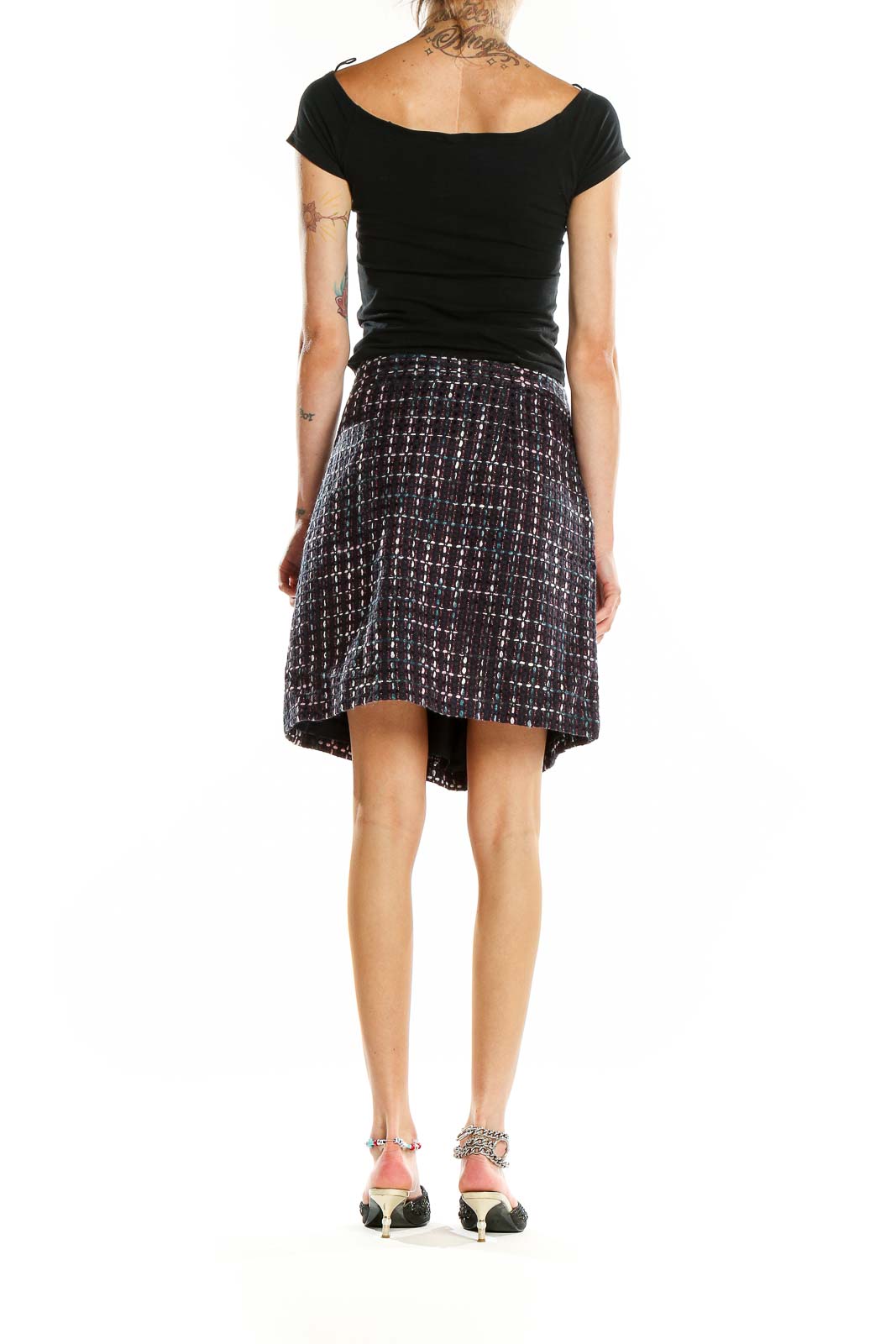 Back view of LOFT Navy Plaid Tweed A-Line Skirt on model