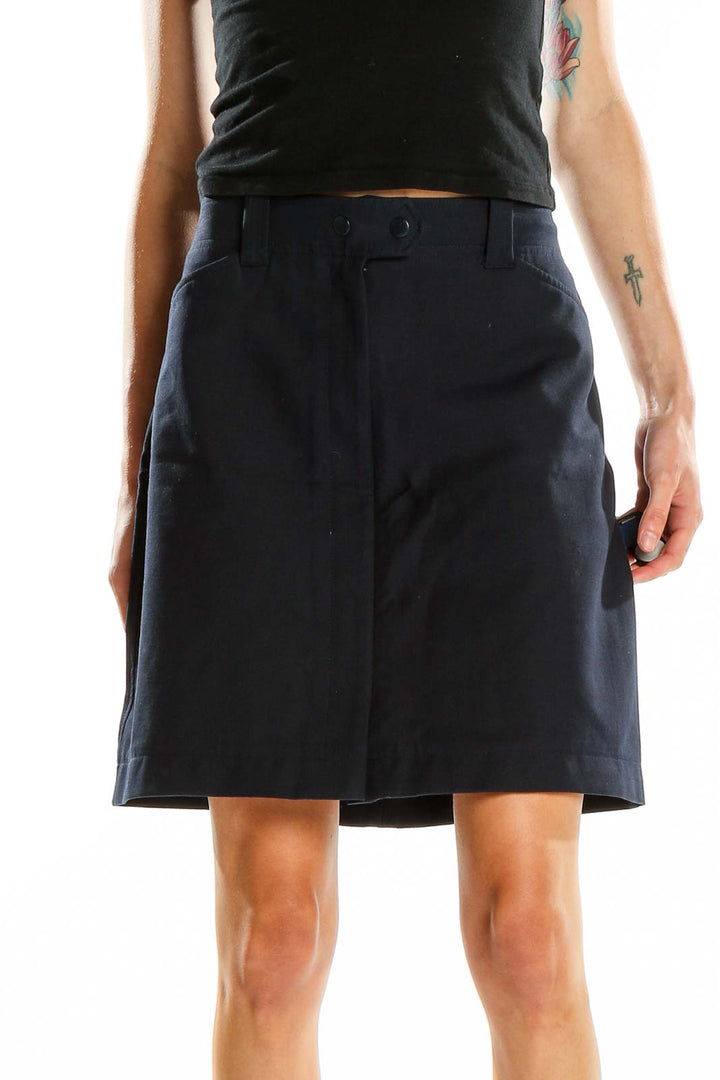 Front view of LOFT navy A-line skirt with sleek waistband