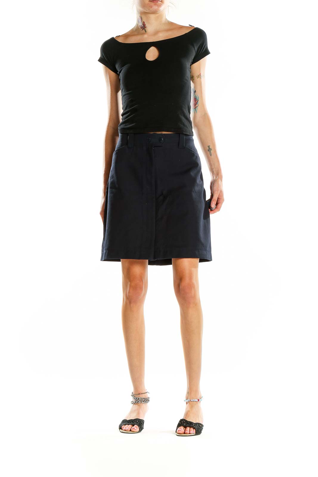 Front view of LOFT navy A-line skirt with sleek waistband