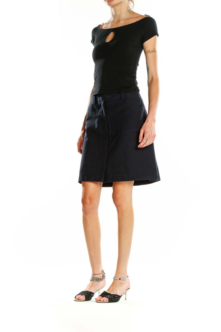 Front view of LOFT navy A-line skirt with sleek waistband