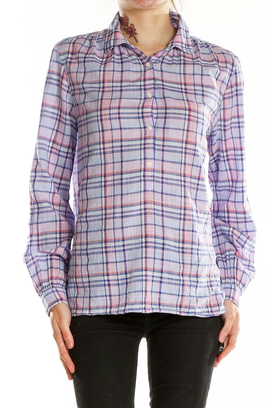 Front view of J.Crew pink plaid button-up shirt with gathered shoulders