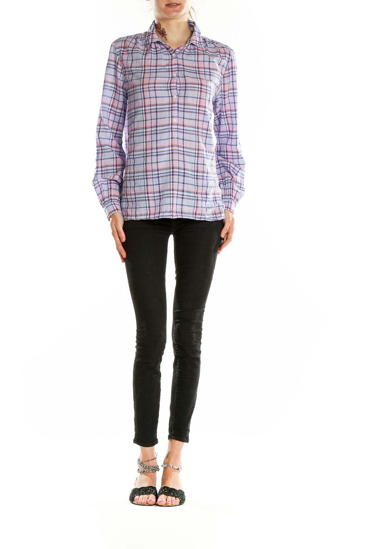 Front view of J.Crew pink plaid button-up shirt with gathered shoulders