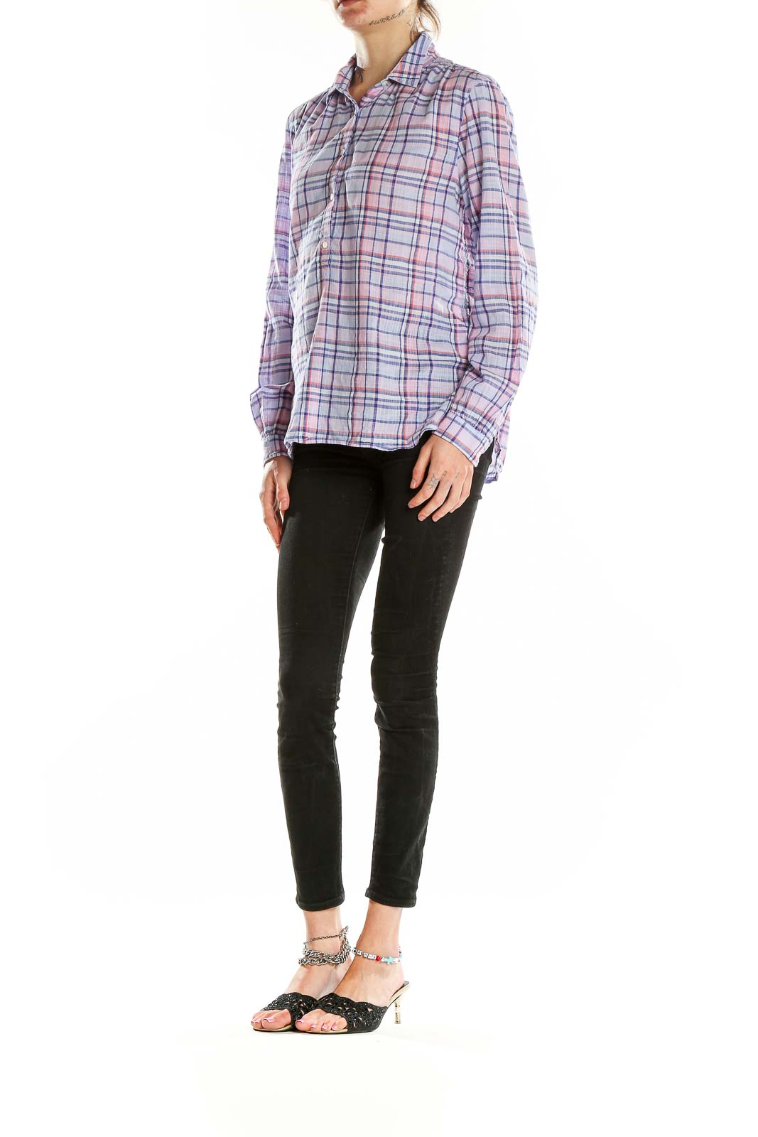 Front view of J.Crew pink plaid button-up shirt with gathered shoulders