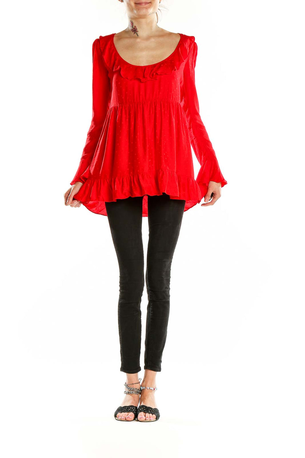 Front view of red ruffled long sleeve babydoll top by For Love & Lemons