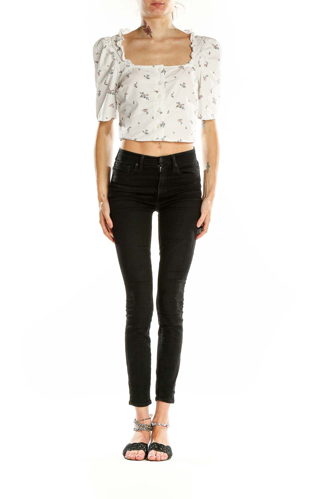 Front view of Levi's white floral cotton crop top with square neckline