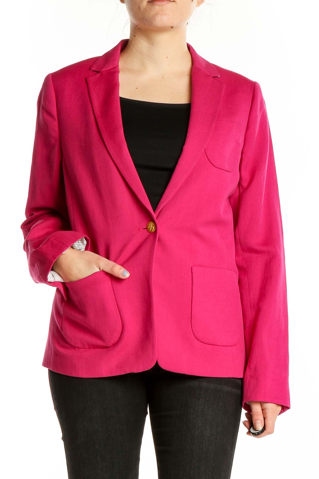 Front view of hot pink Brooks Brothers single-button blazer on model