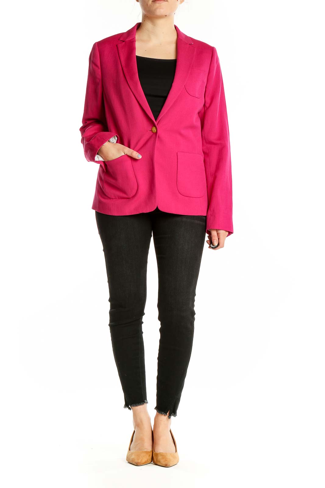 Front view of hot pink Brooks Brothers single-button blazer on model