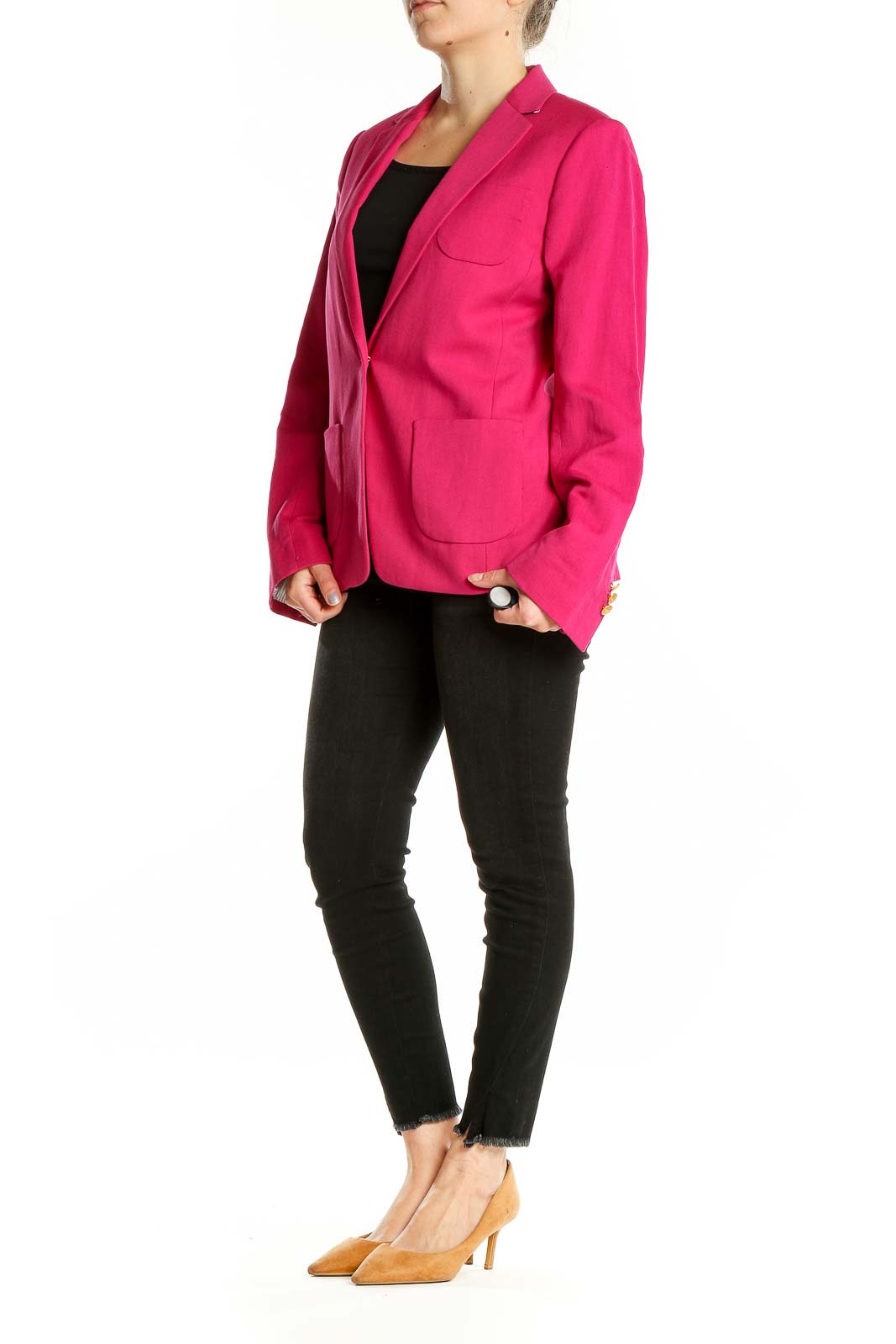 Front view of hot pink Brooks Brothers single-button blazer on model