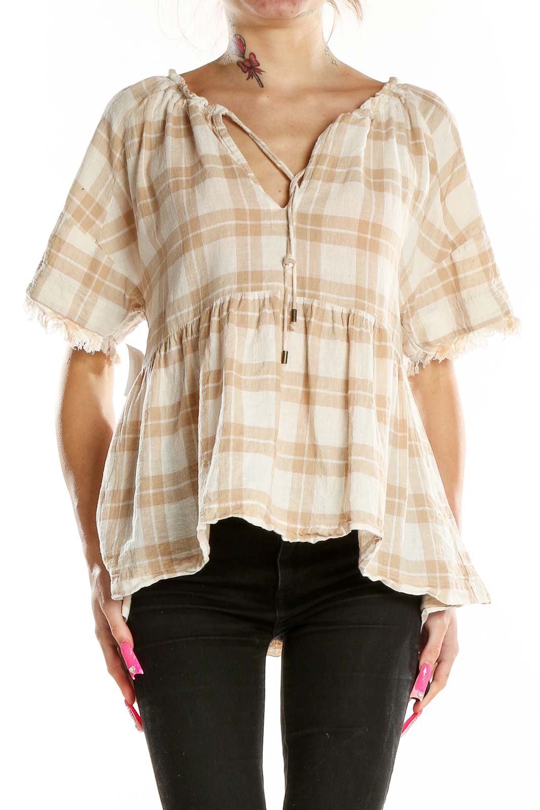 Front view of beige plaid peasant blouse by Pilcro and the Letterpress