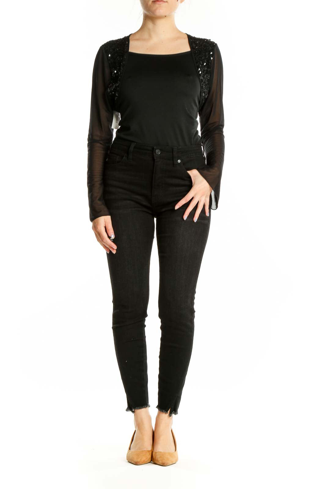 Front view of black sequined crop top with sheer sleeves