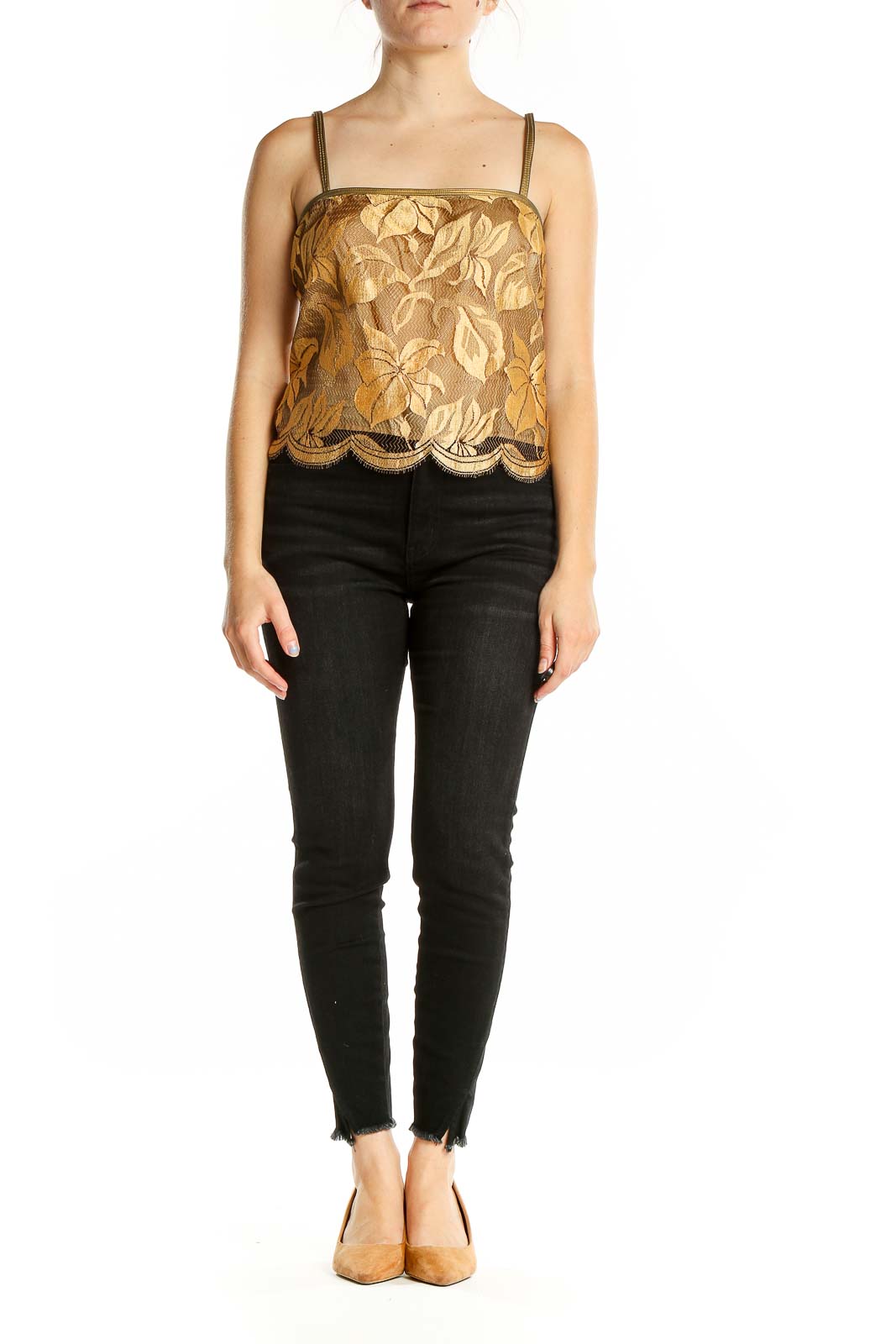 Gold Leather Strap Lace Vintage Tank Top