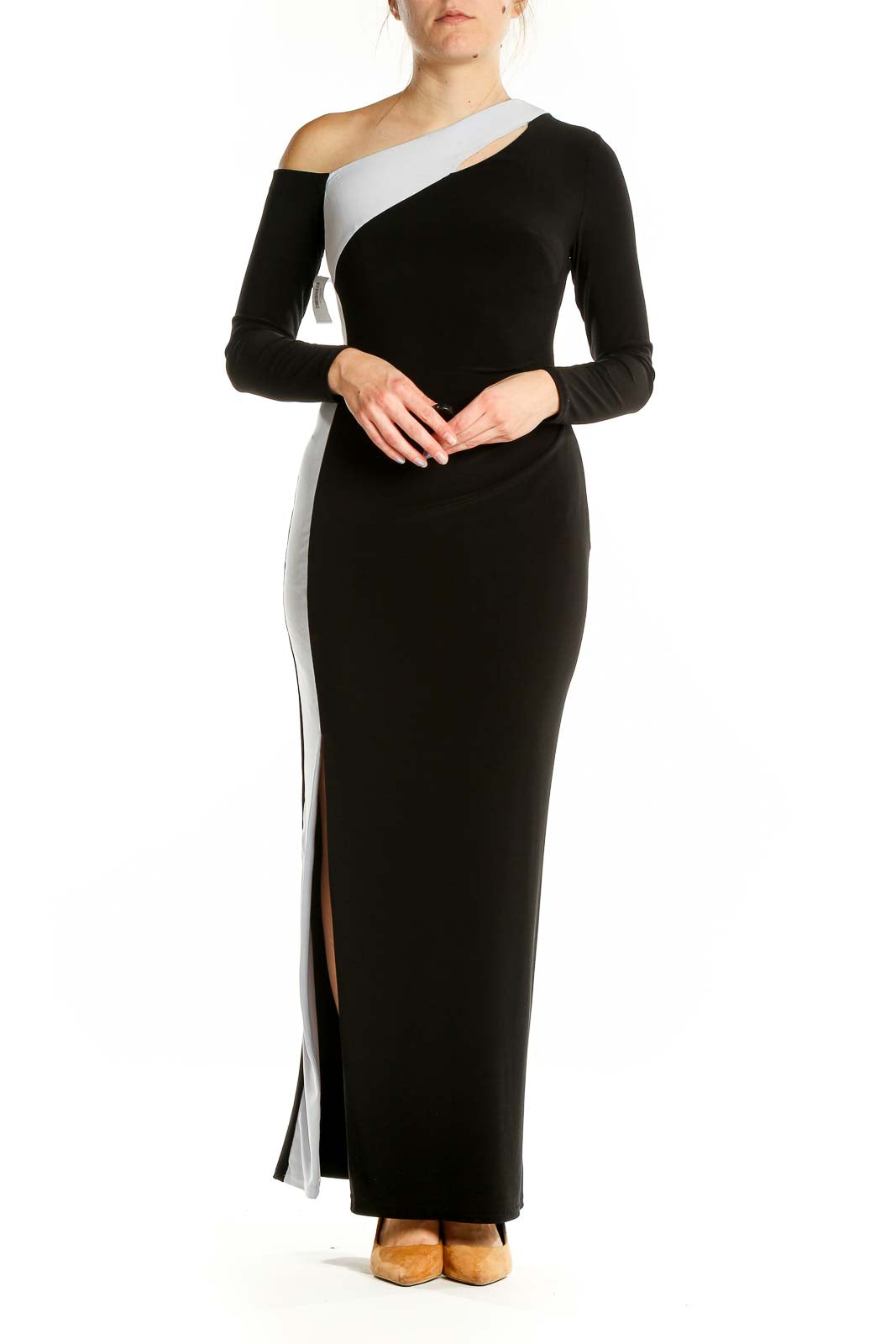 Front view of Lauren Ralph Lauren black and gray one-shoulder maxi dress with side slit