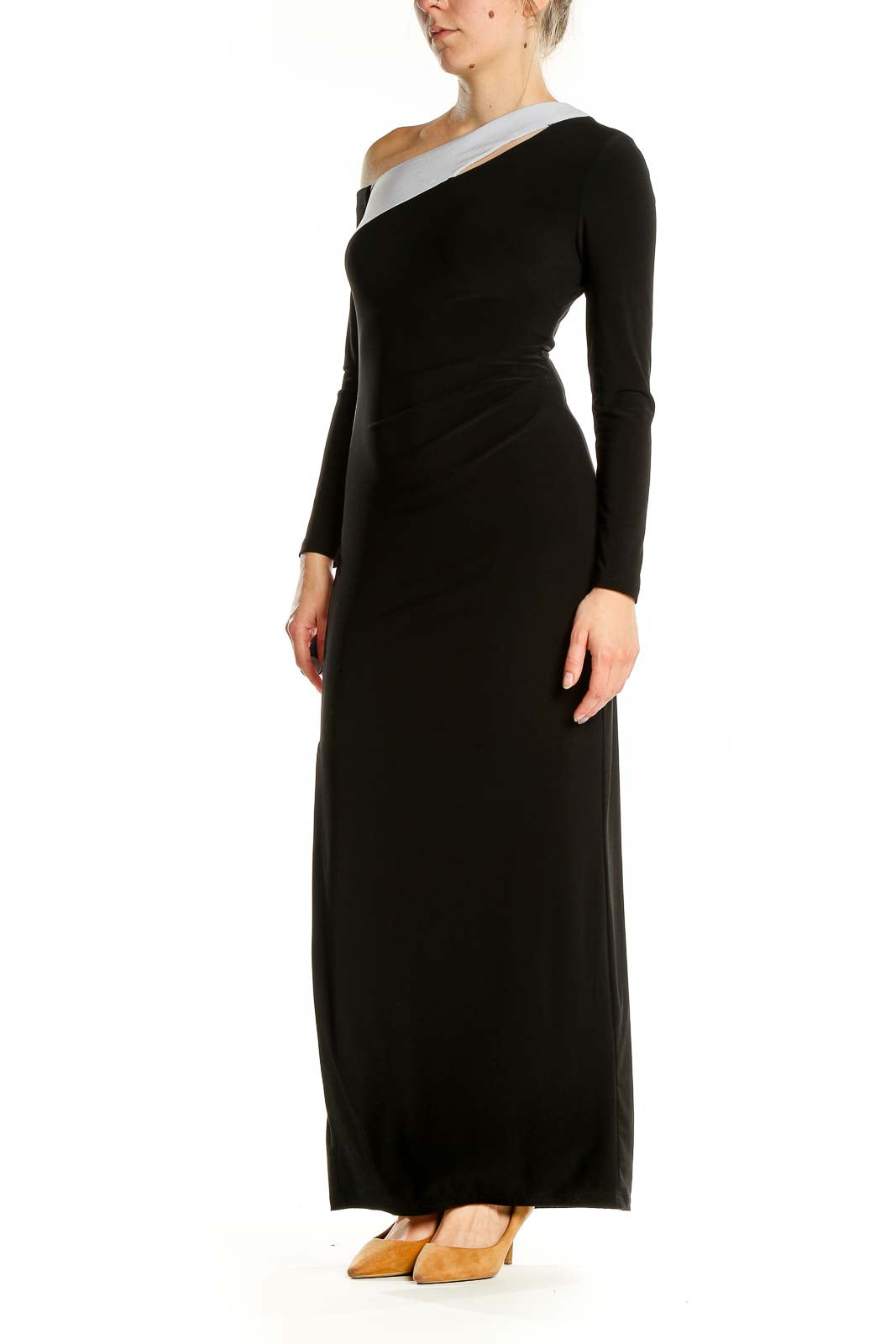 Front view of Lauren Ralph Lauren black and gray one-shoulder maxi dress with side slit