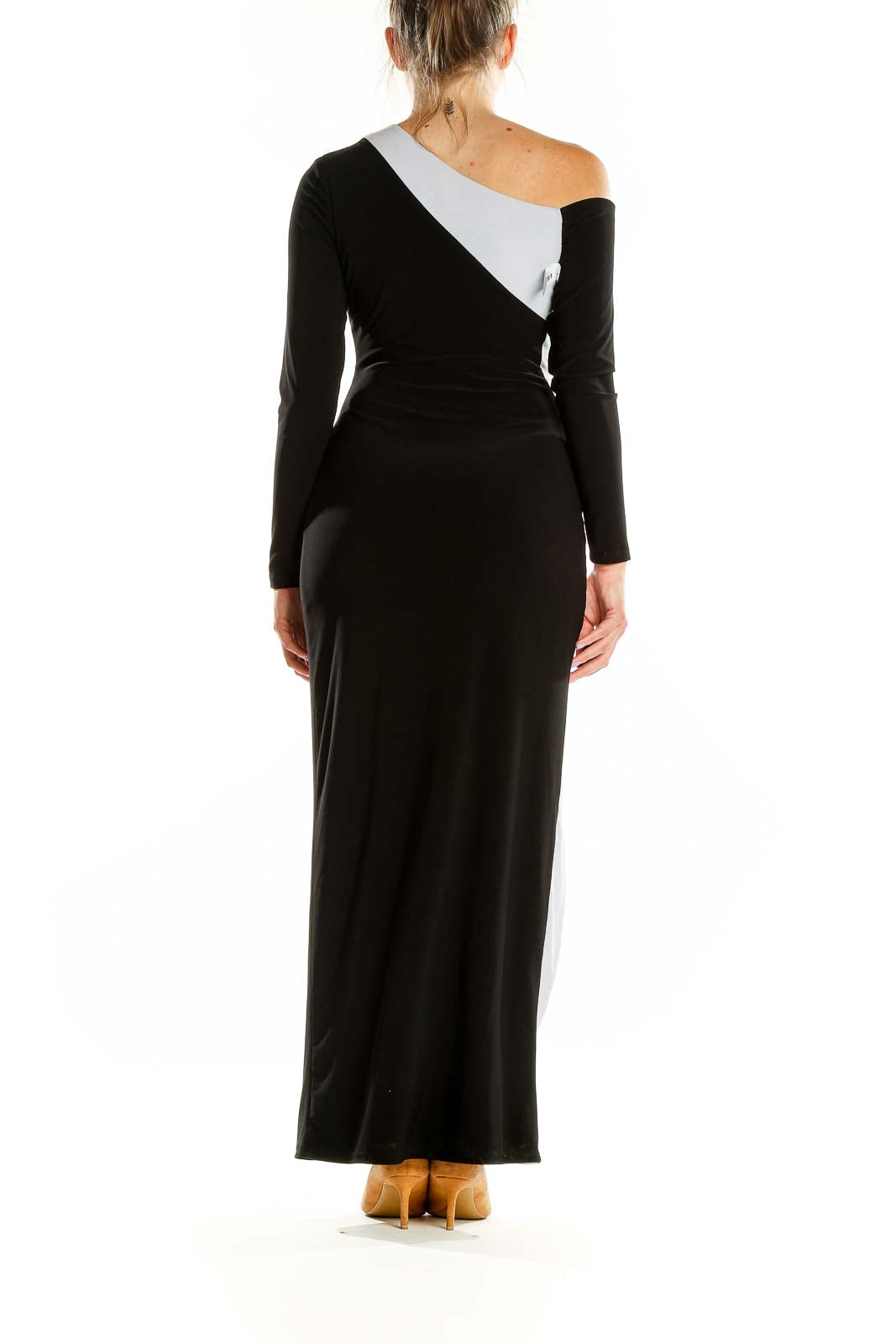 Back view of Lauren Ralph Lauren black and gray one-shoulder maxi dress showing colorblock design