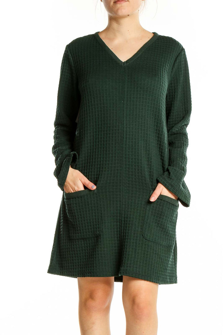 Front view of forest green textured V-neck shift dress by Max Studio