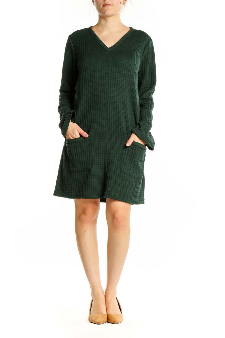 Front view of forest green textured V-neck shift dress by Max Studio