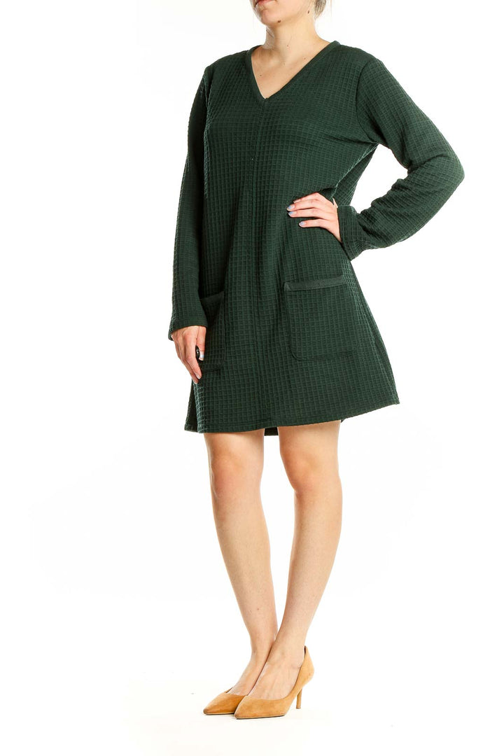 Front view of forest green textured V-neck shift dress by Max Studio