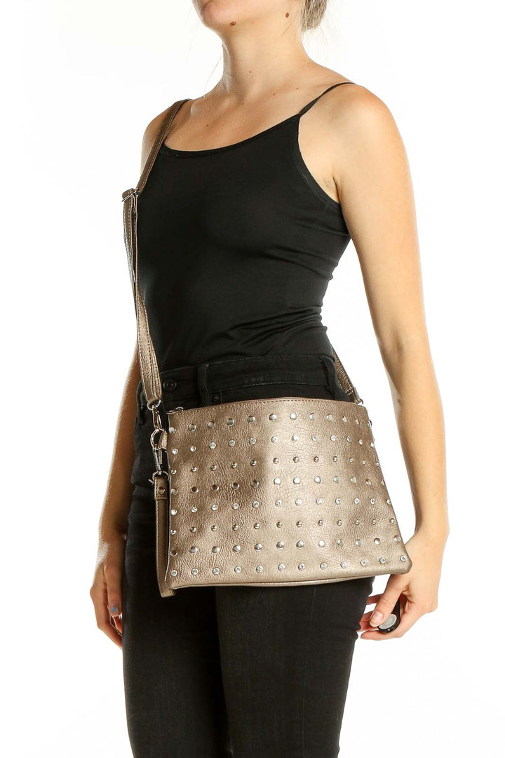 Beige Metallic Studded Crossbody Bag