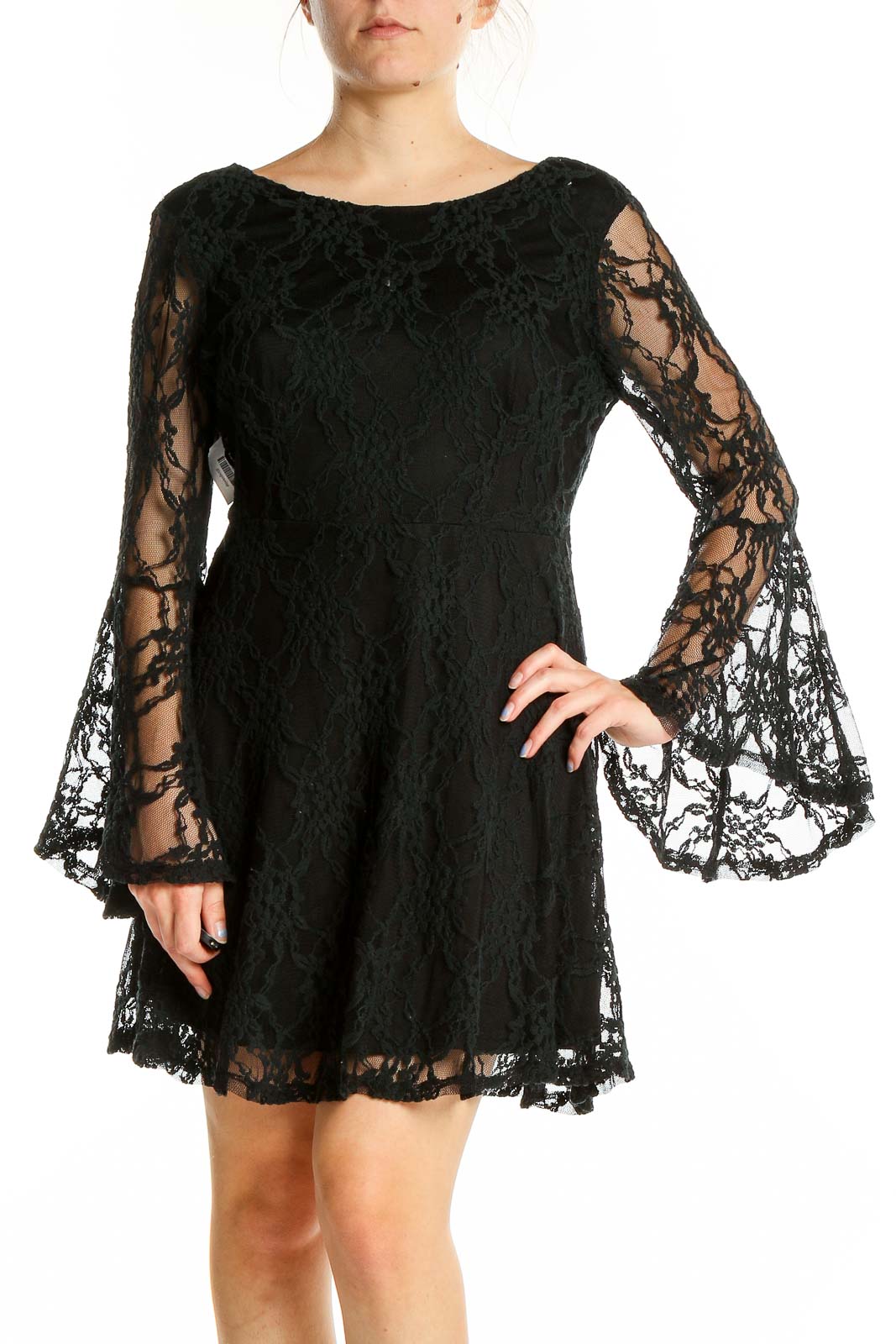 Front view of Altar'd State black lace mini dress with bell sleeves