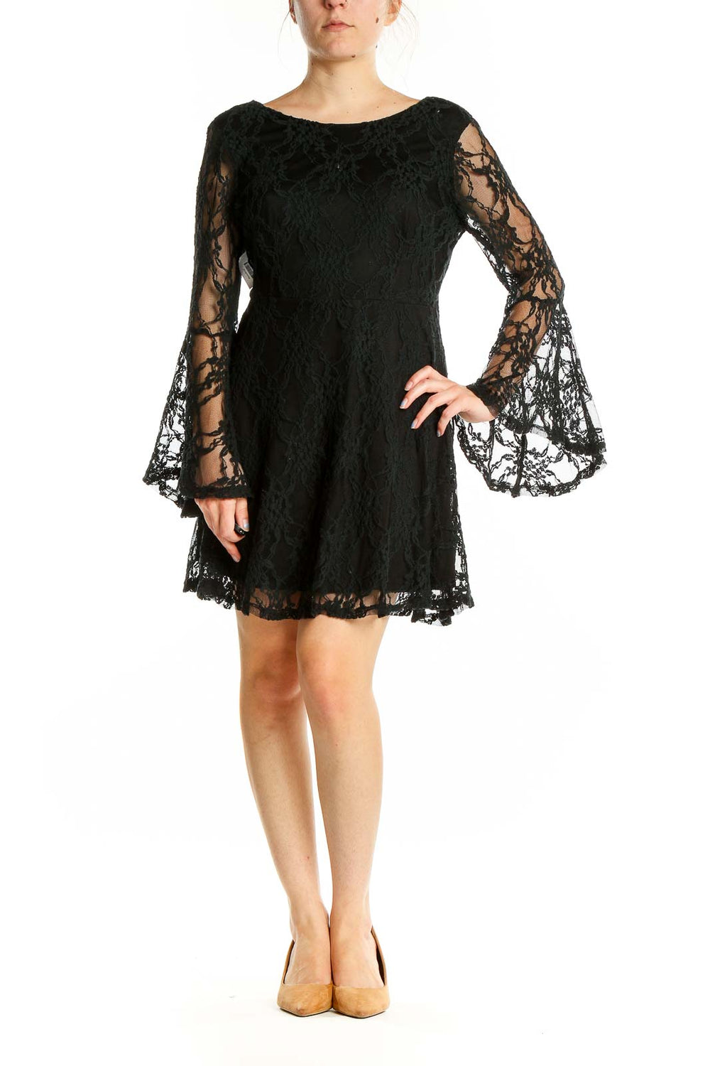 Front view of Altar'd State black lace mini dress with bell sleeves