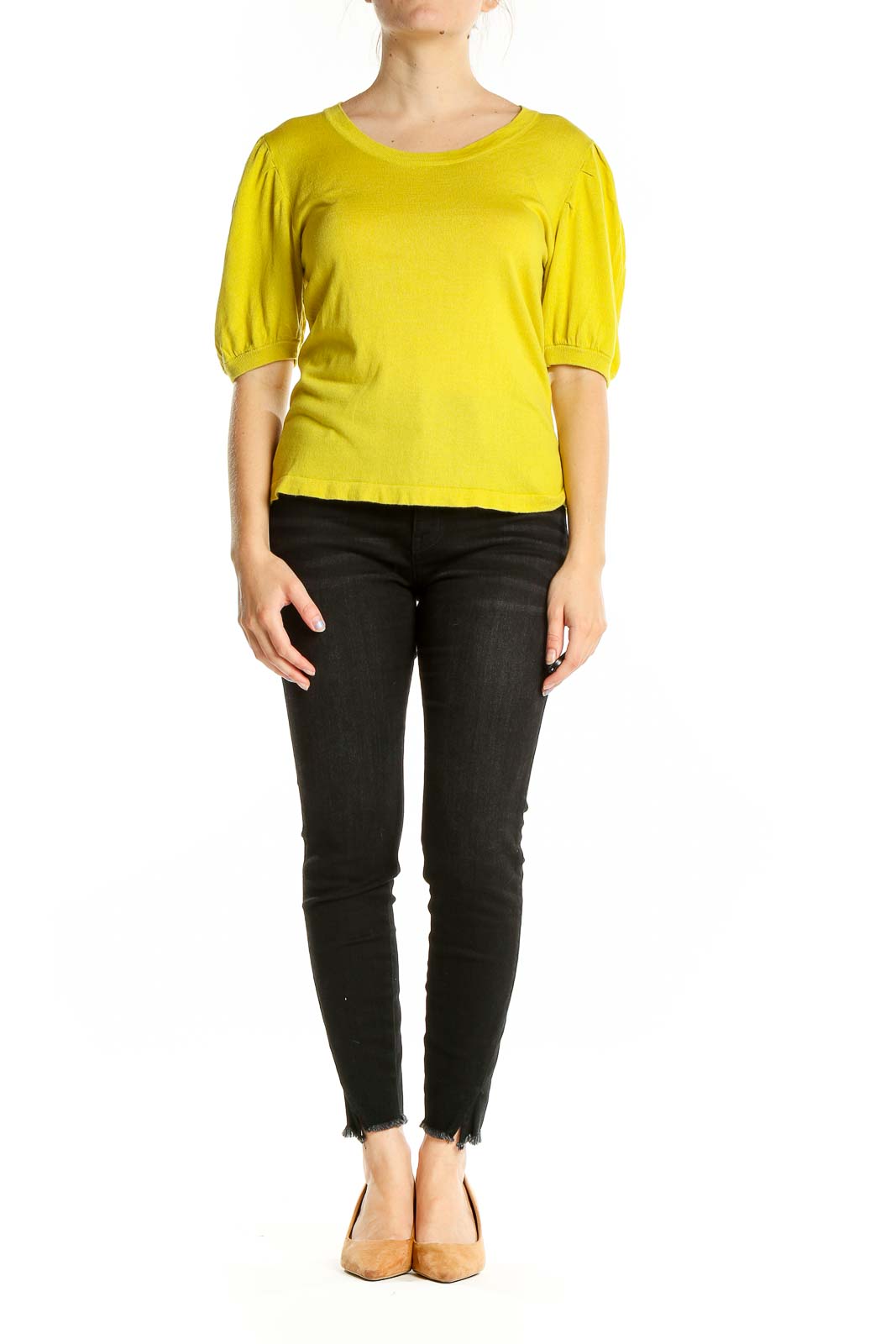 Front view of yellow puff-sleeve top by Current Air