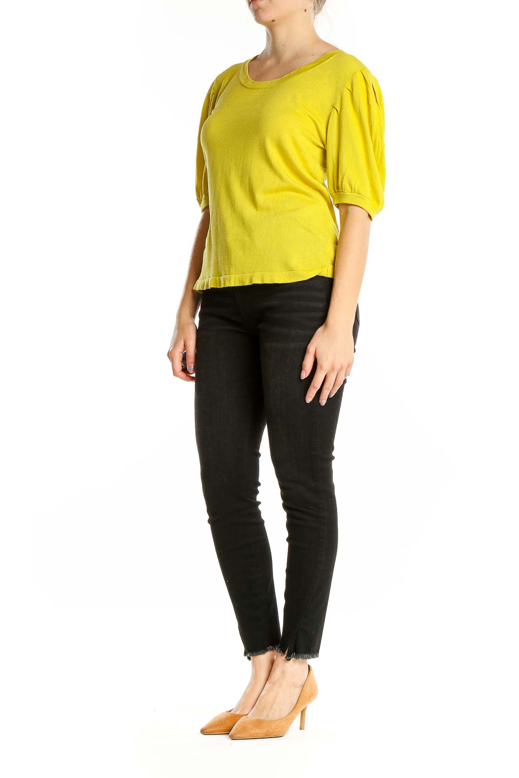 Front view of yellow puff-sleeve top by Current Air