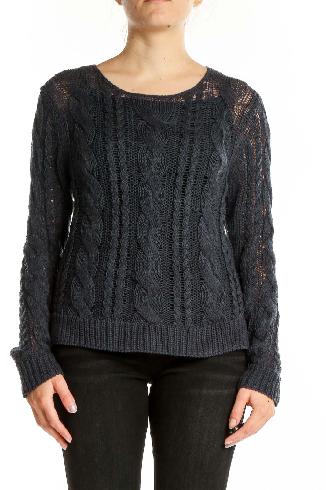 Front view of Garnet Hill charcoal cable knit sweater with crew neckline