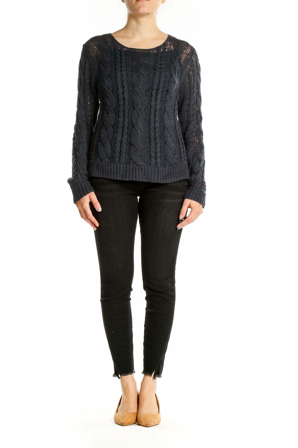 Front view of Garnet Hill charcoal cable knit sweater with crew neckline