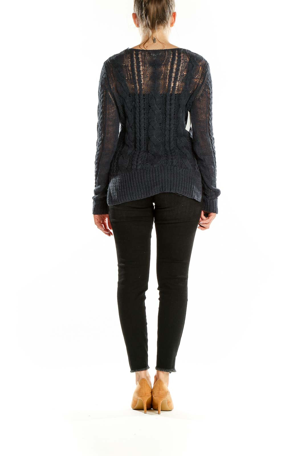 Back view of Garnet Hill charcoal cable knit sweater showing semi-sheer design