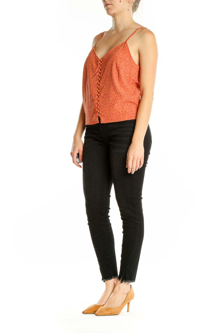 Orange V Neck Printed Tank Top