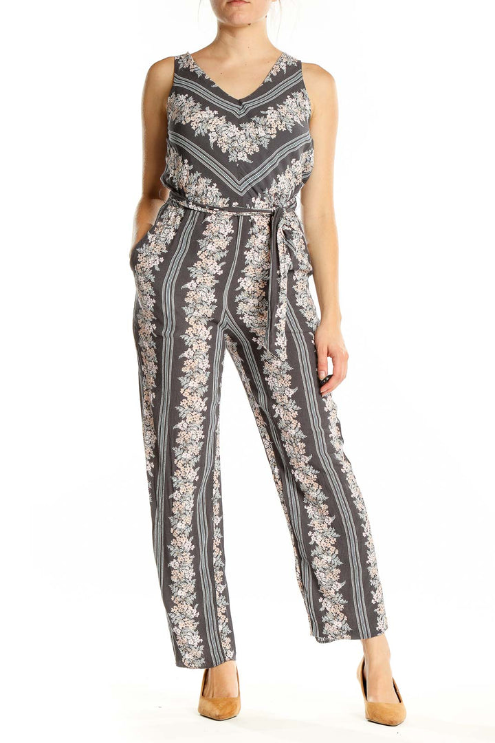 Gray Pink Floral Print Jumpsuit