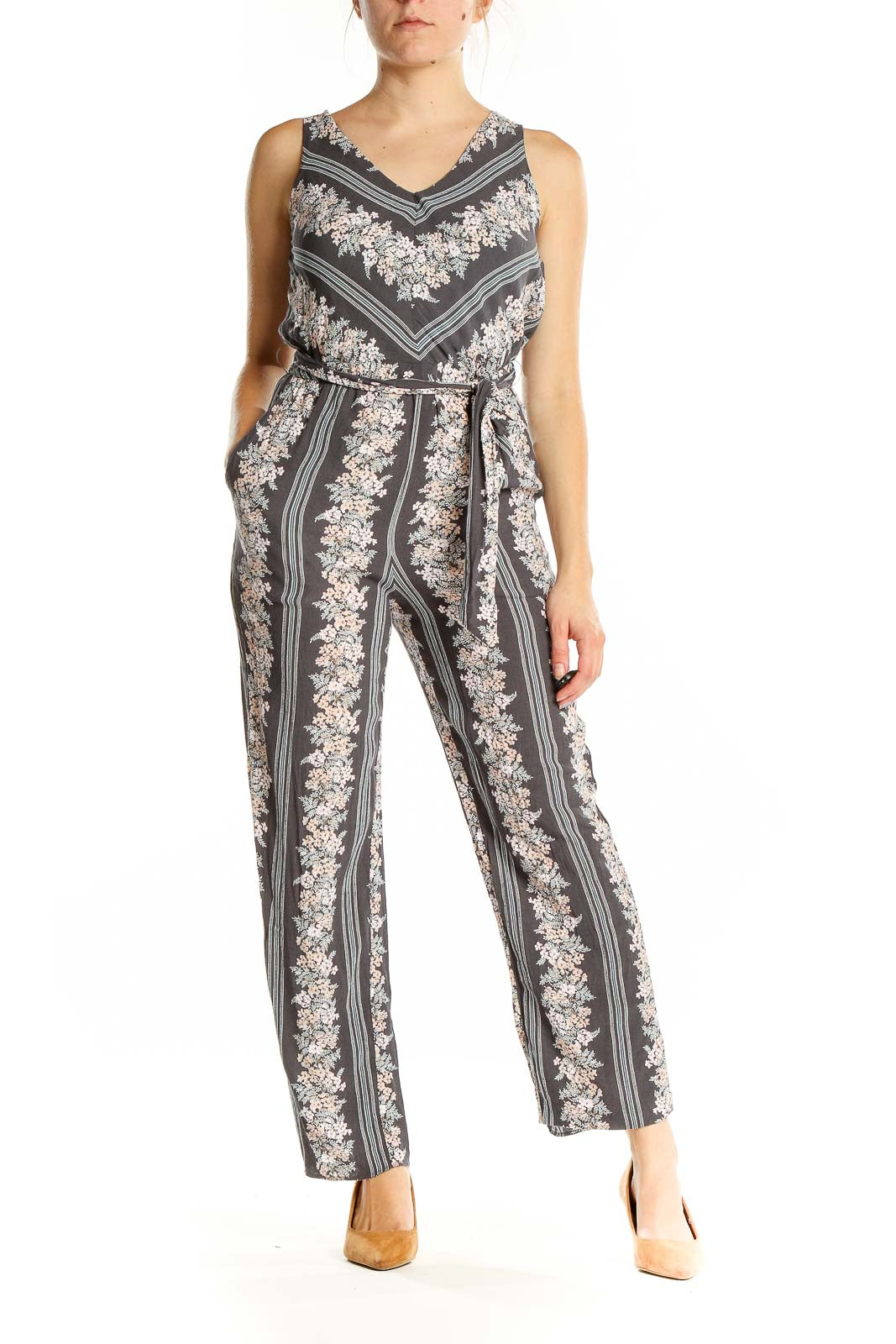 Gray Pink Floral Print Jumpsuit