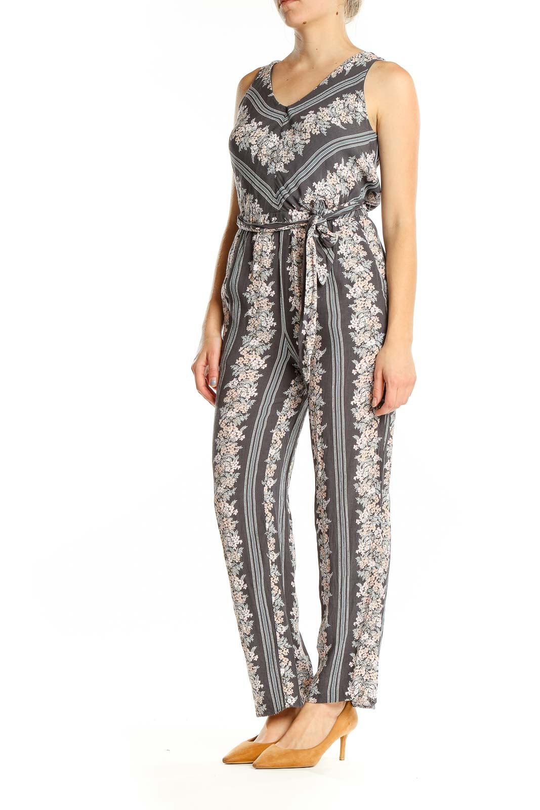 Gray Pink Floral Print Jumpsuit