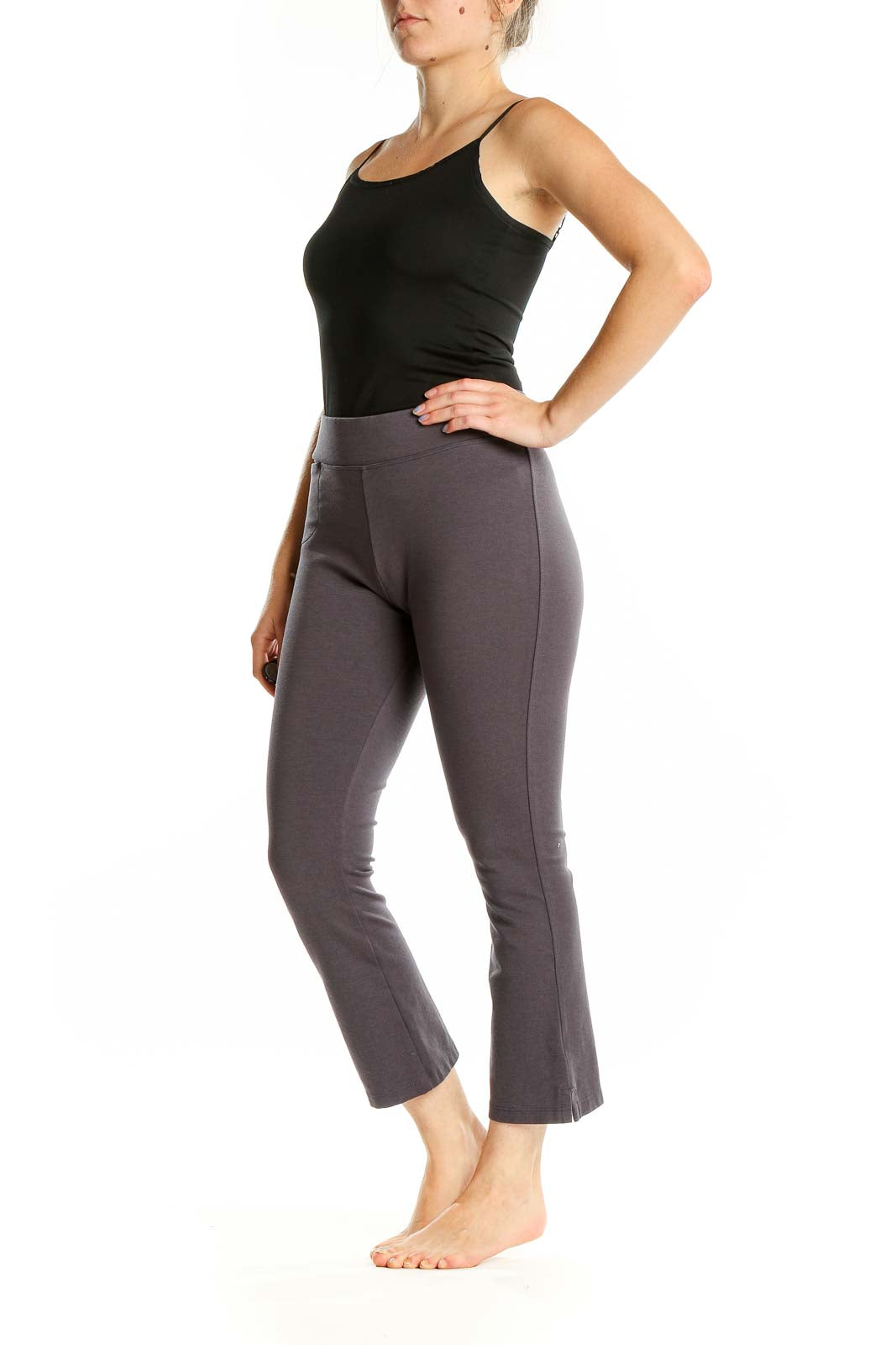 Front view of gray cropped yoga pants by American Giant